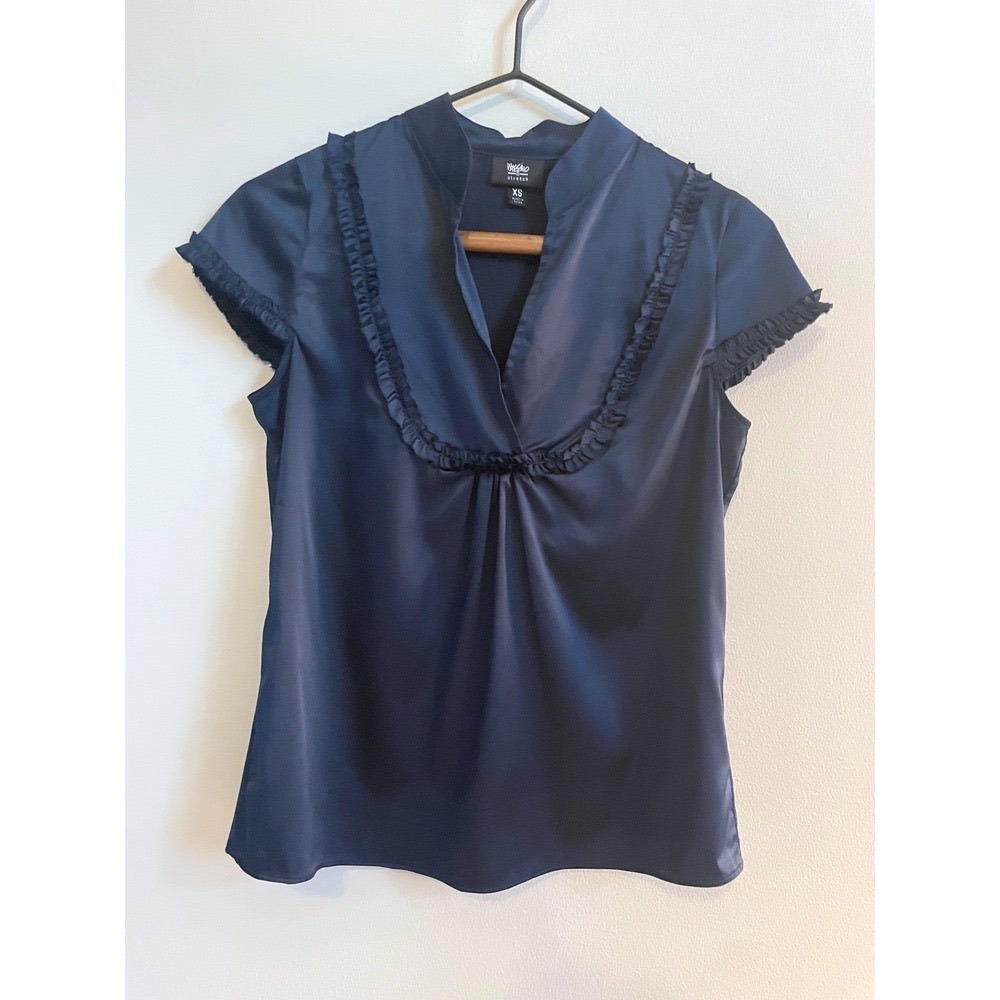 Mossimo Navy Blue Stretch Satin Ruffled Mandarin Collar Cap Sleeve Top